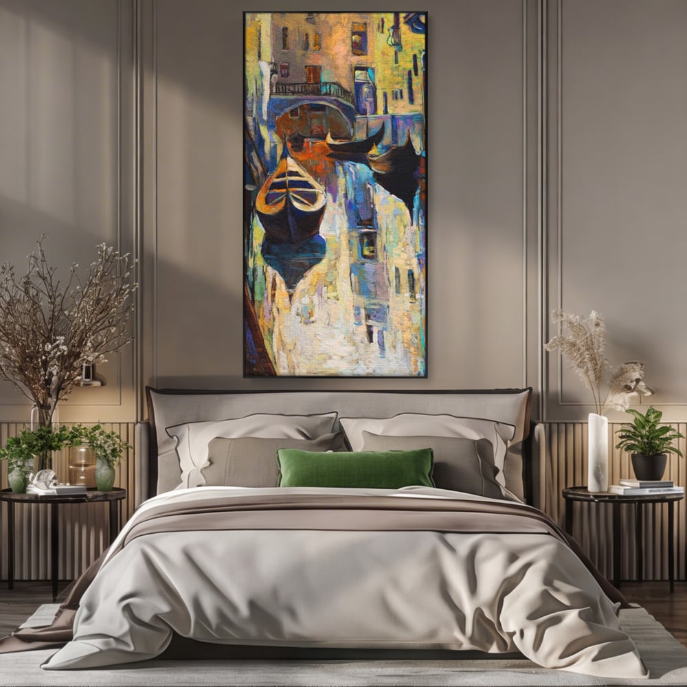 Tablou canvas cu pictura canvas cu gondole in venetia, in rama de aluminiu negru, pe perete intr-un dormitor